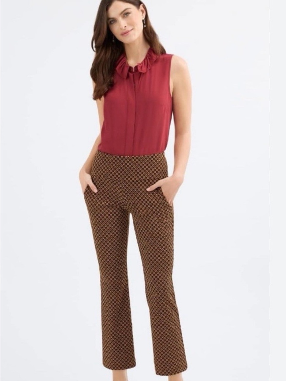 CAbi Brown Geo Cropped Straight-Leg Pants. Great stretch and pockets in front